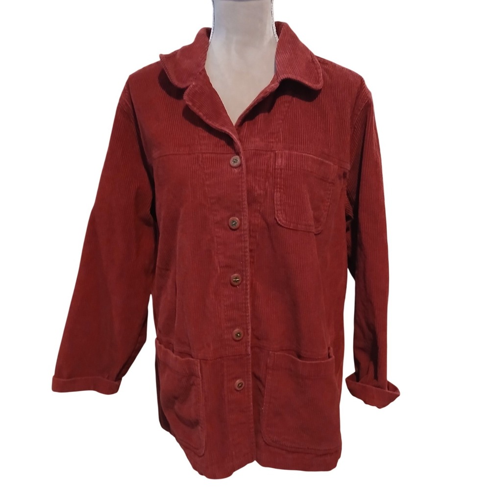 Vtg Dressbarn Women Large Red Corduroy Button Front Chore Jacket Cotton Coat